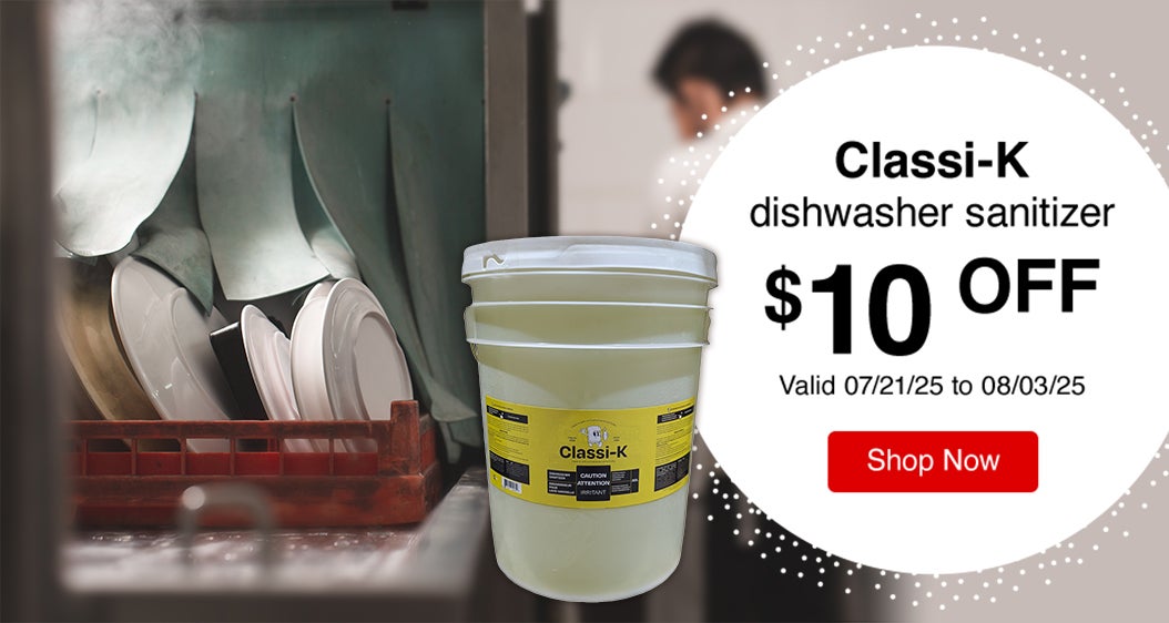 Classi-K dishwasher sanitizer $10 Off. Valid 07/21/25 to 08/03/25. Shop Now.