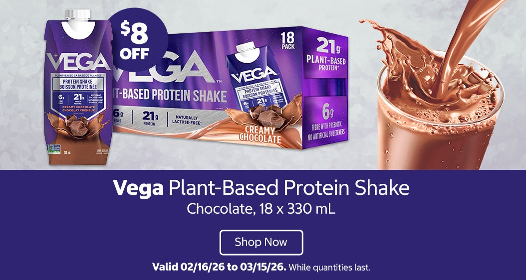 Vega Plant-Based Protein Shake Chocolate, 18 x 330 mL. $8 OFF. Valid 02/16/26 to 03/15/26. While quantities last.