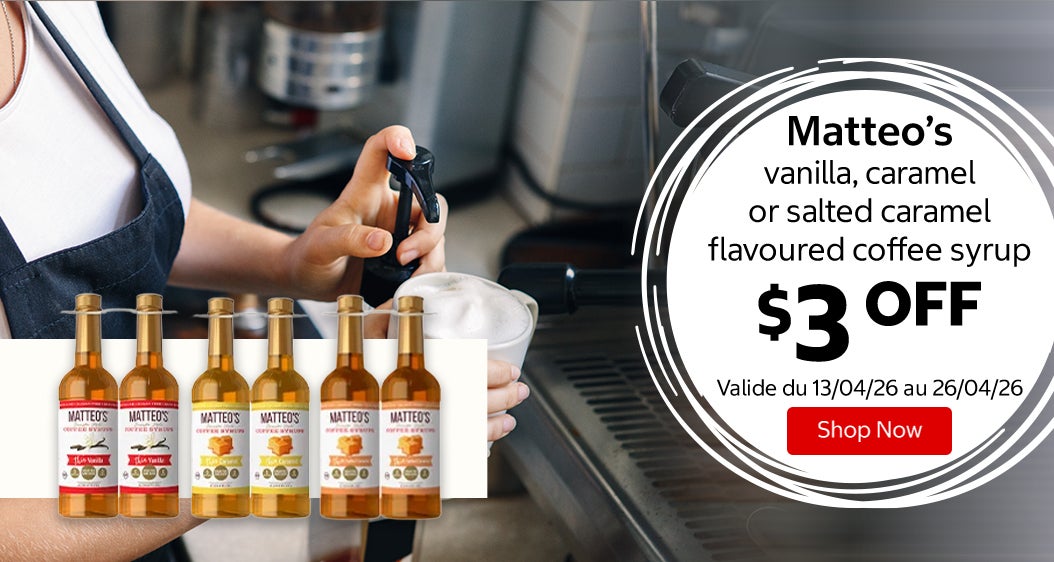 Matteo’s vanilla, caramel or salted caramel flavoured coffee syrup $3 Off. Valid 04/13/26 to 04/26/26. Shop Now 