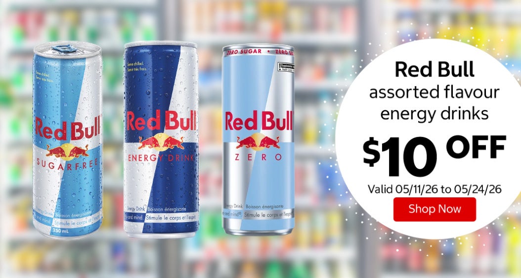 Red Bull assorted flavour energy drinks $10 Off. Valid 05/11/26 to 05/24/26. Shop Now 
