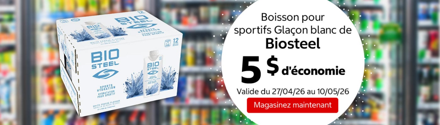 Boisson pour sportifs Glaçon blanc de Biosteel 5 $ d'économie. Valide du 27/04/26 au 10/05/26. Magasinez maintenant.