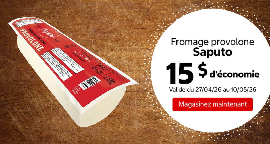 Fromage provolone Saputo 15 $ d'économie. Valide du 27/04/26 au 10/05/26. Magasinez maintenant.