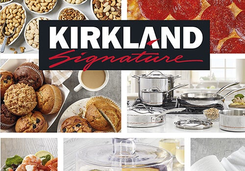 Various examples of Kirkland Signature goods in isolated boxes, with the logo overlayed on top