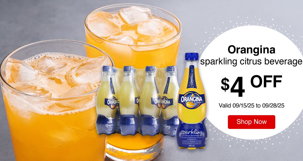 Orangina sparkling citrus beverage $4 Off. Valid 09/15/25 to 09/28/25. Shop Now 