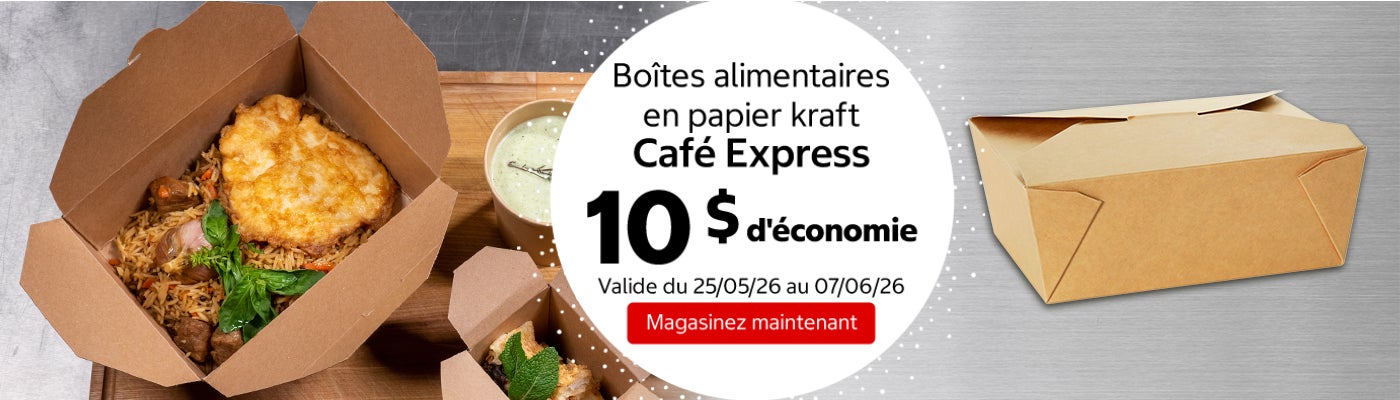 Boîtes alimentaires en papier kraft Café Express 10 $ d'économie. Valide du 25/05/26 au 07/06/26. Magasinez maintenant.