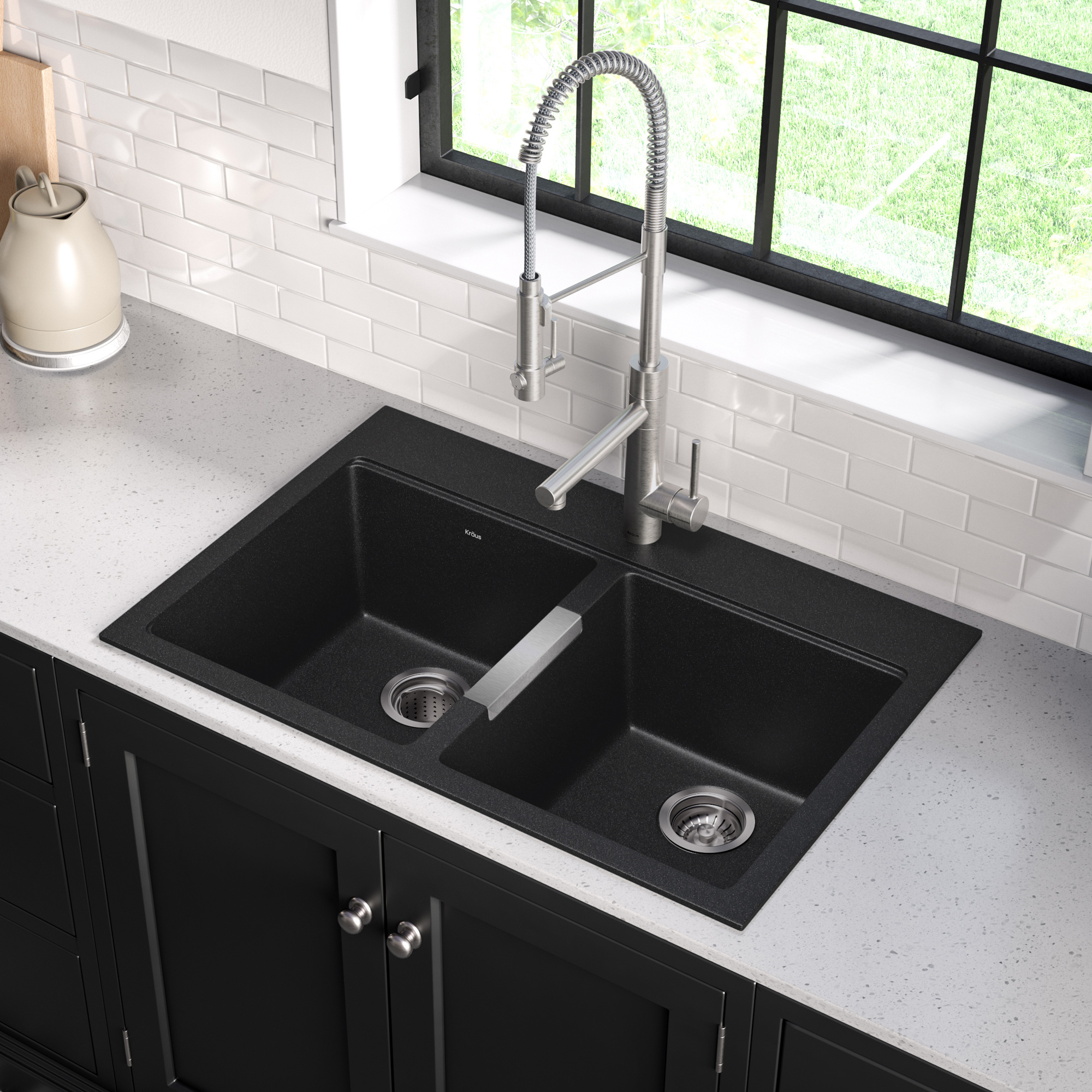 Kraus 33 in. Dual Mount Double Bowl Black Granite Kitchen Sink