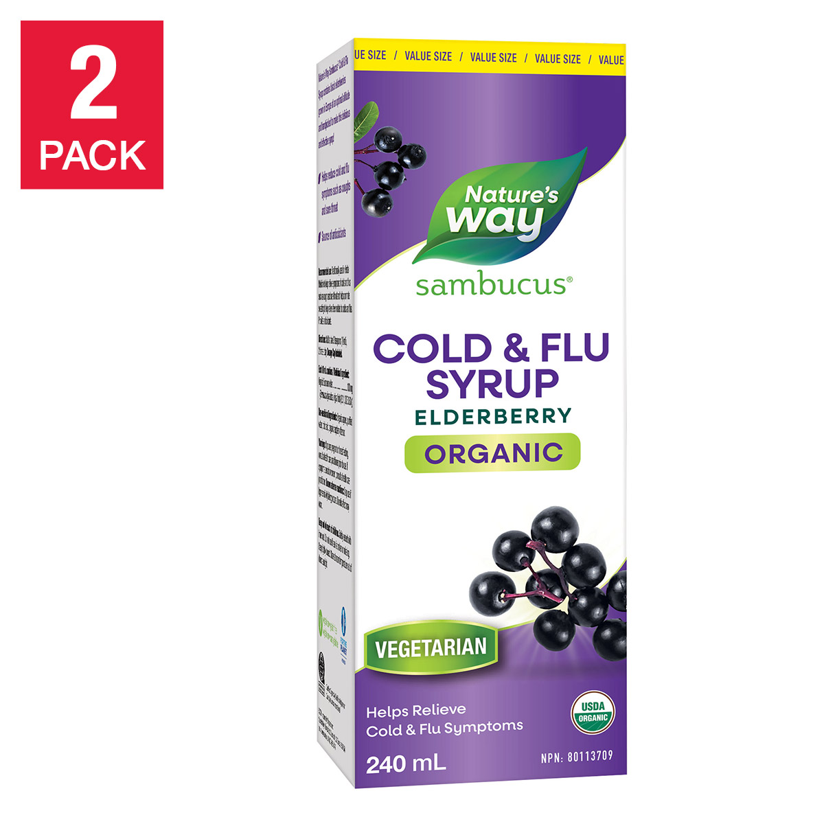 Sambucus Organic Elderberry Cold and Flu Syrup, 2 Bottles of 240 mL