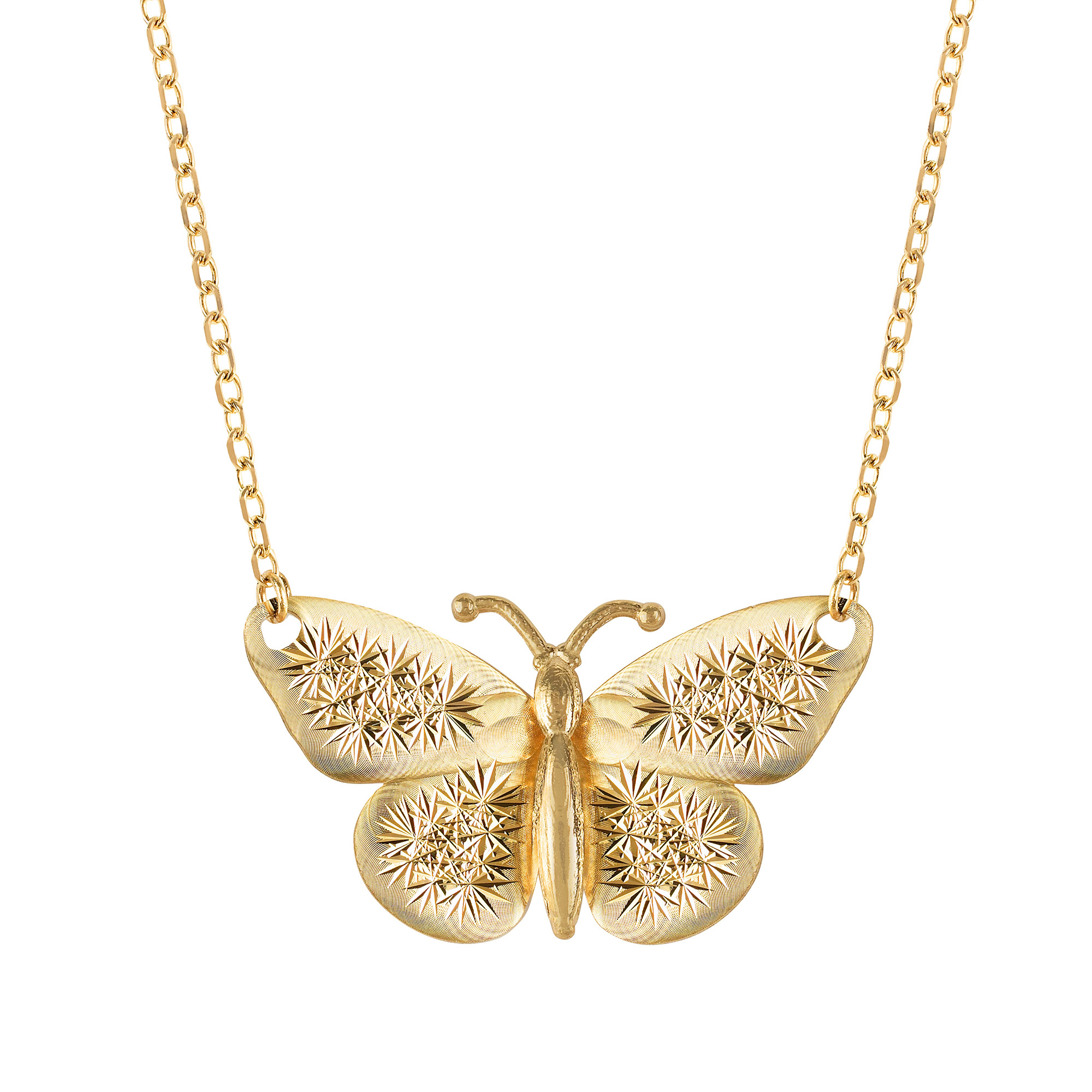 Diamond Cut and Satin Finish Butterfly Necklace in Yellow Gold