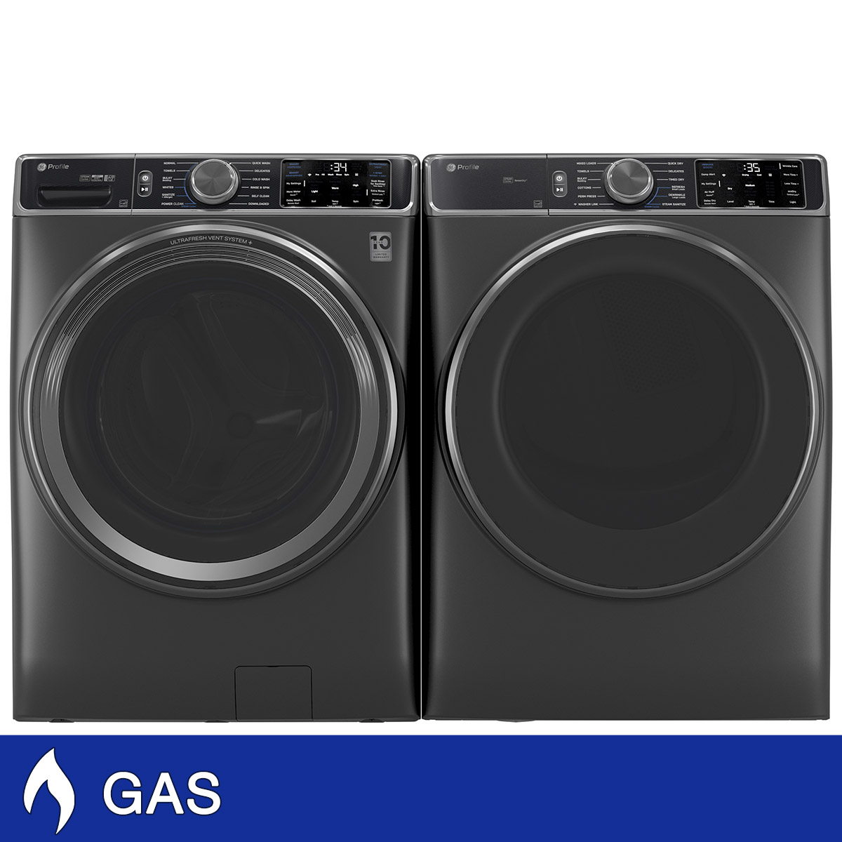 GE Profile 5.5 cu. ft. Smart Front Load Washer with UltraFresh Vent System+ and  7.8 cu. ft. Smart GAS Front Load Dryer with Steam and Sanitize Cycle