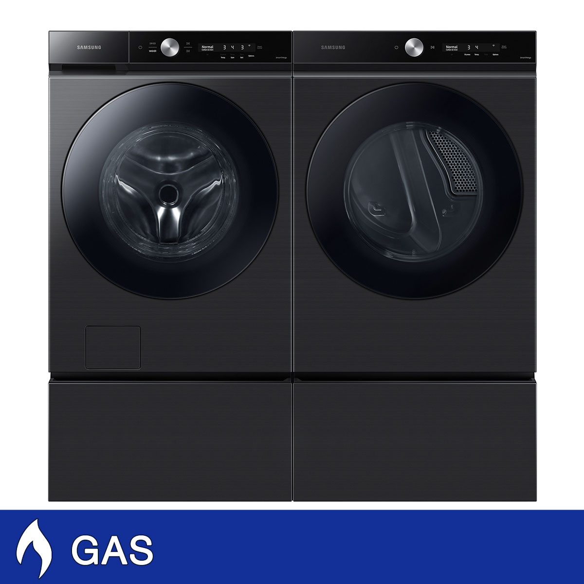 Samsung 5.3 cu. ft. Bespoke Ultra Capacity Front Load Washer with Super Speed Wash and 7.6 cu. ft. Ultra Capacity GAS Dryer with Storage Pedestals