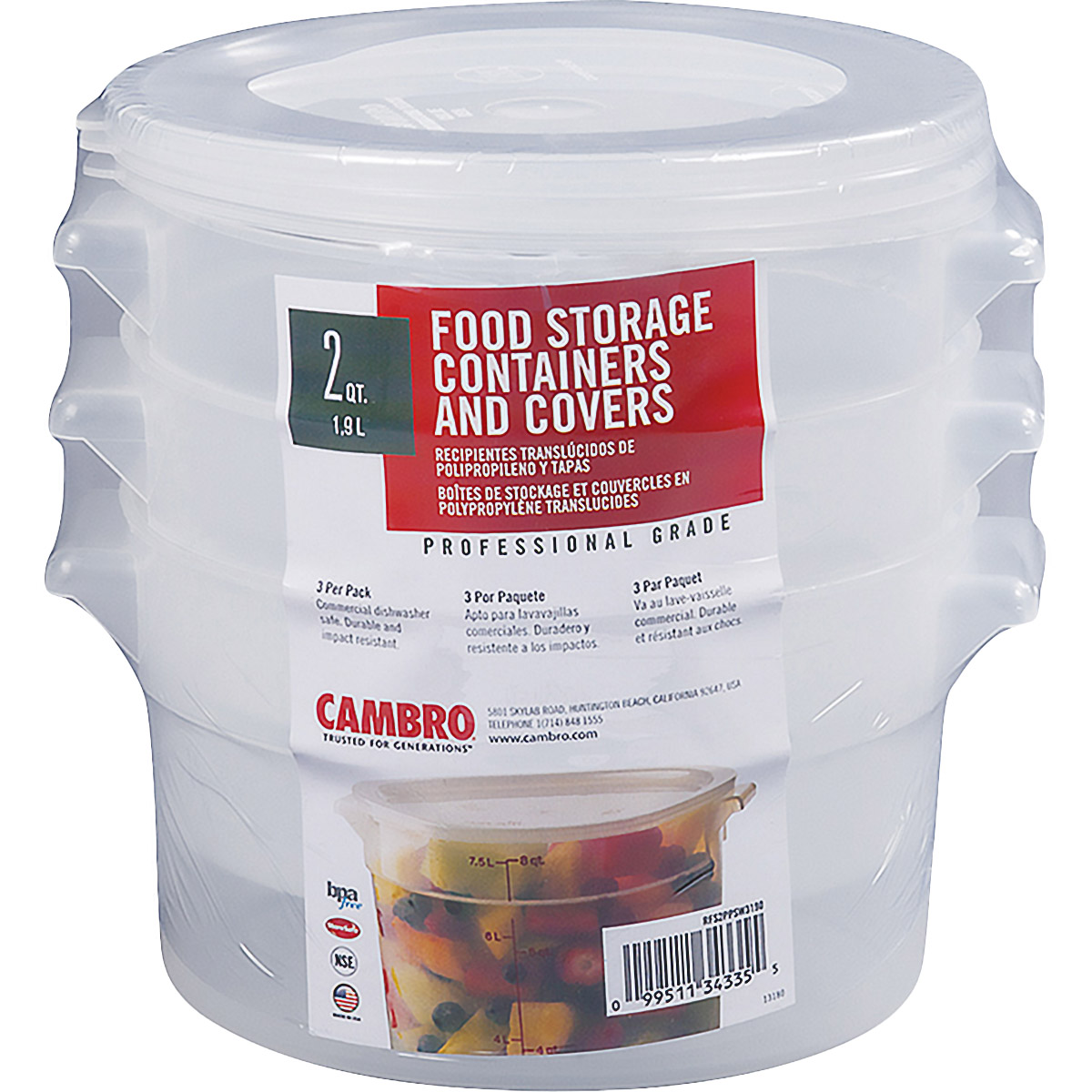 Cambro Round 2-Quart Food Storage Container with Lid  3-count