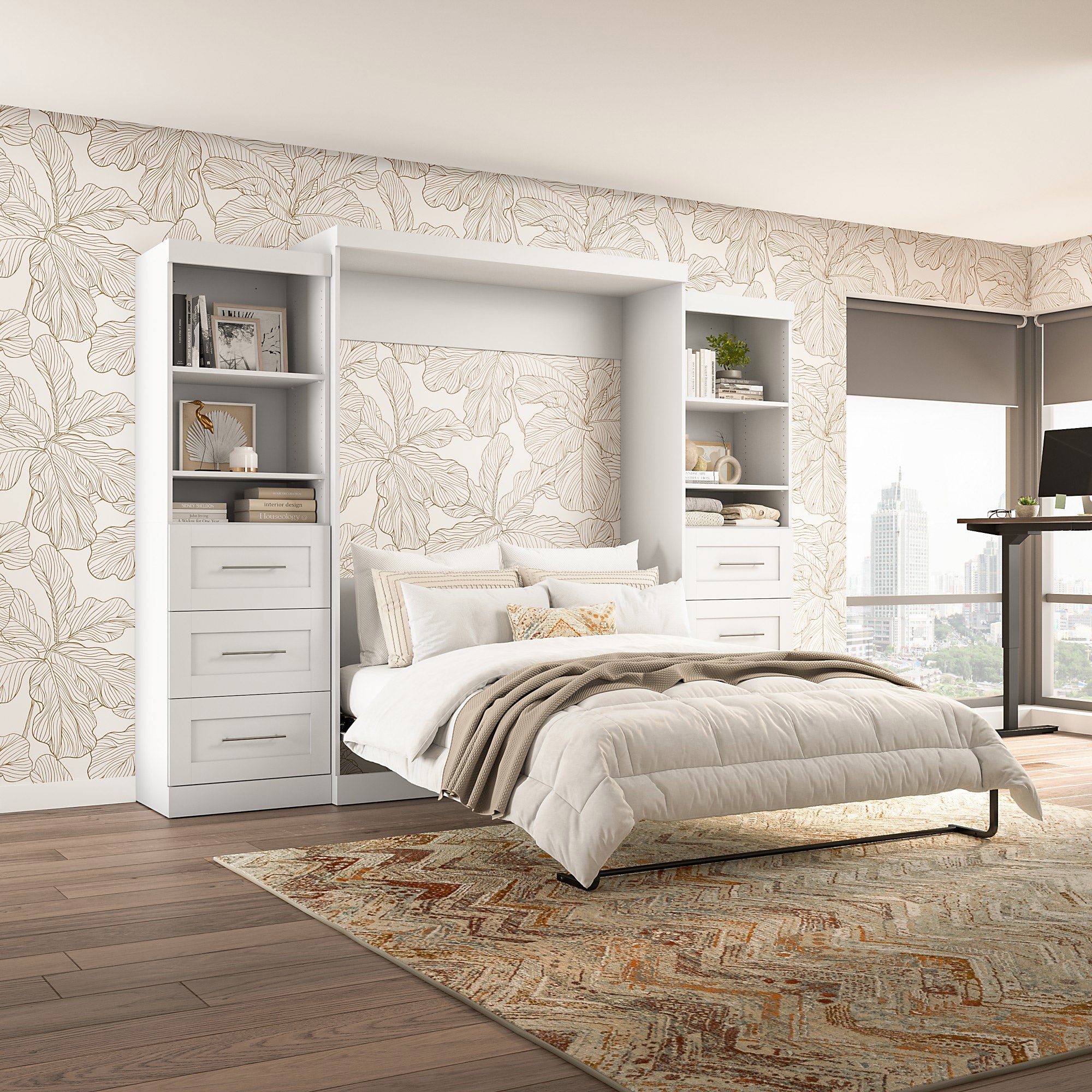 Boutique Queen Murphy Bed and 2 Shelving Units with Drawers