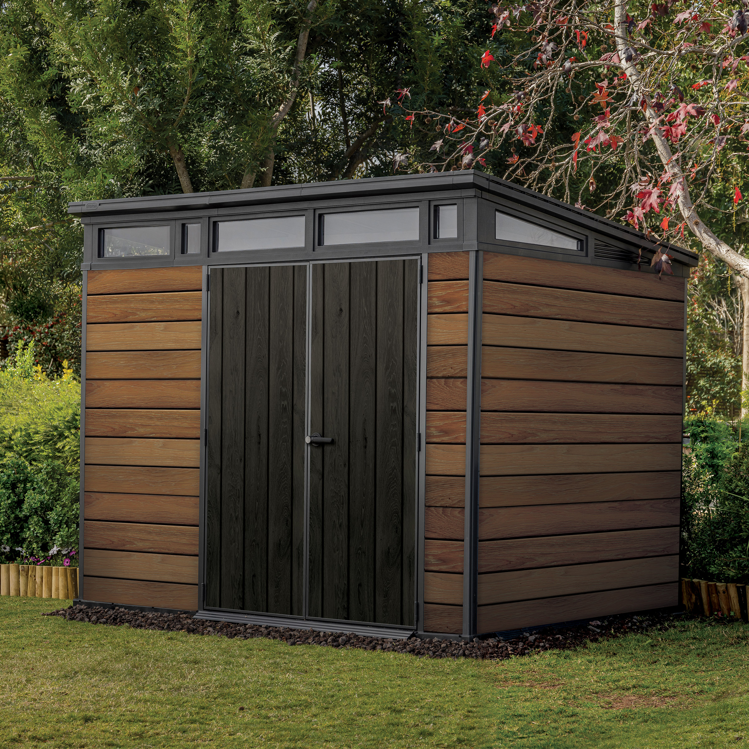 Keter Signature Collection 9x7 Modern Outdoor Storage Shed, Walnut | Costco