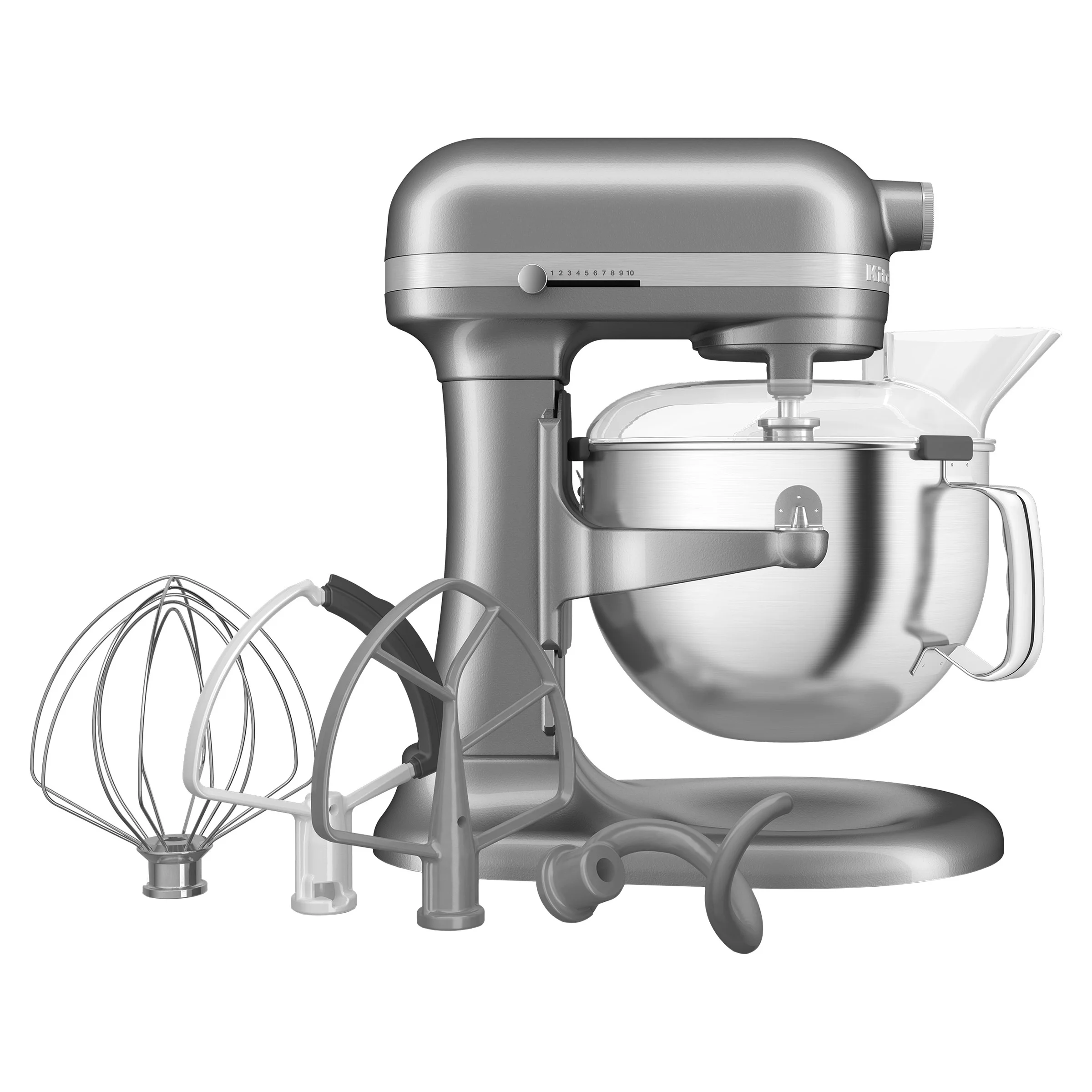 Silver KitchenAid 6 Quart Bowl-Lift Stand Mixer with Attachments and Pouring Shield