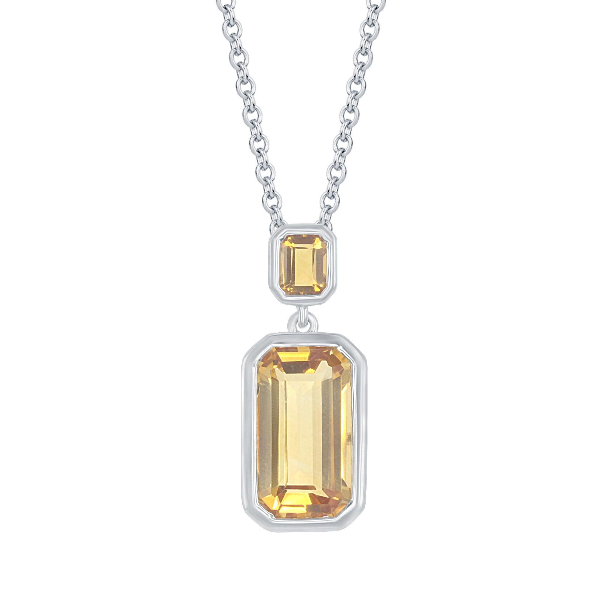 Emerald Cut Citrine Pendant in White Gold