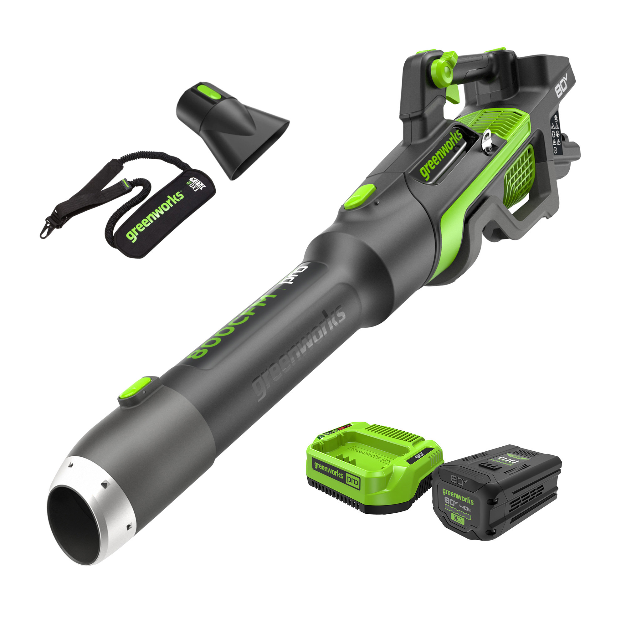Greenworks 80V 800CFM 200 MPH Blower, Includes (1) 4Ah Battery, 2A Charger and Premium Shoulder Strap