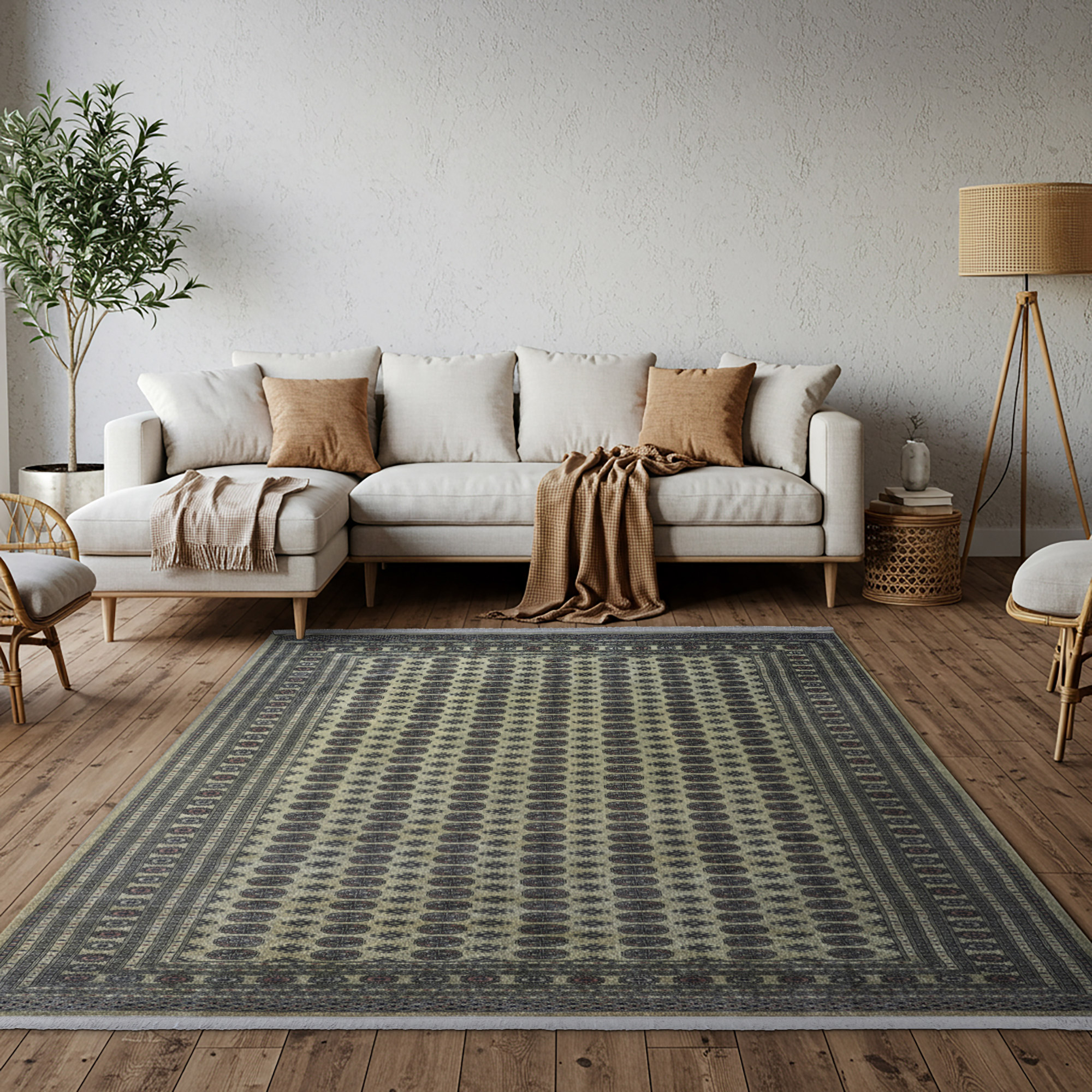 Pakistani Hand Knotted Area Rug, Classic Bukhara Cumra Ivory, 9' x
