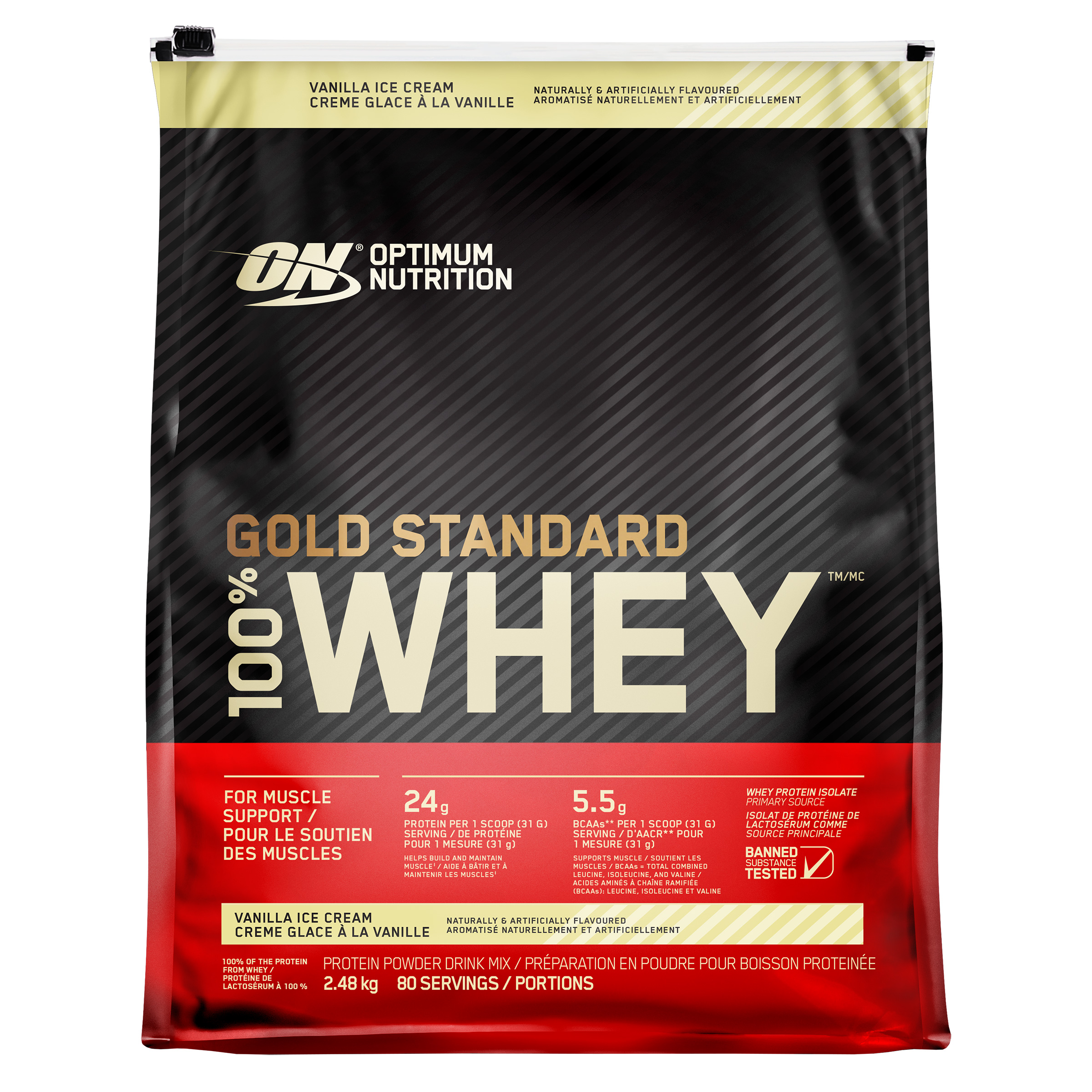 Optimum Nutrition Gold Standard 100% Whey Protein, Vanilla Ice Cream, 2.48 kg
