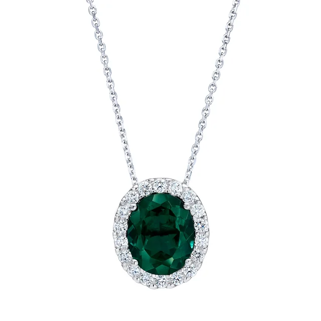 Lab Created Emerald and Diamond 14kt White Gold Pendant