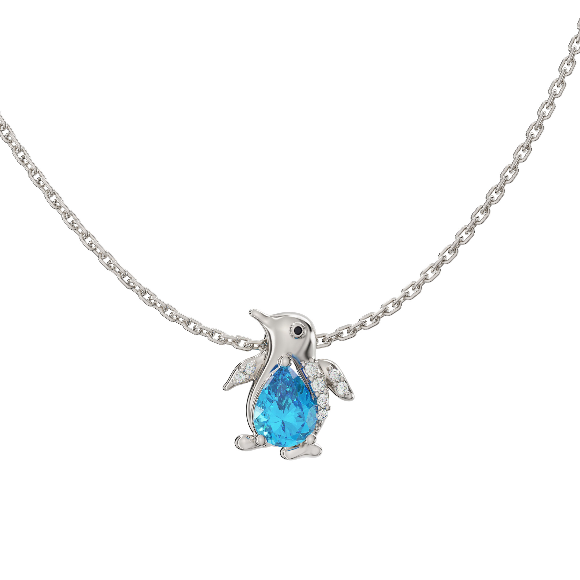 Pear Shaped Swiss Blue Topaz and Diamond Penguin Pendant (0.07 ctw)