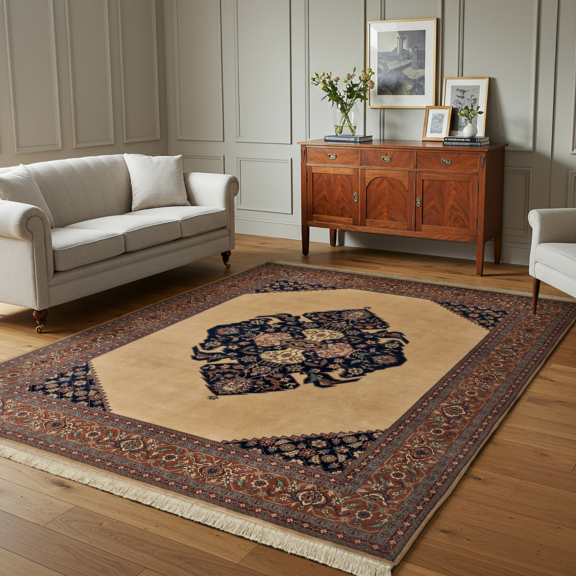 Montacute Hand Knotted Rug Collection  Rouen Medallion Ivory