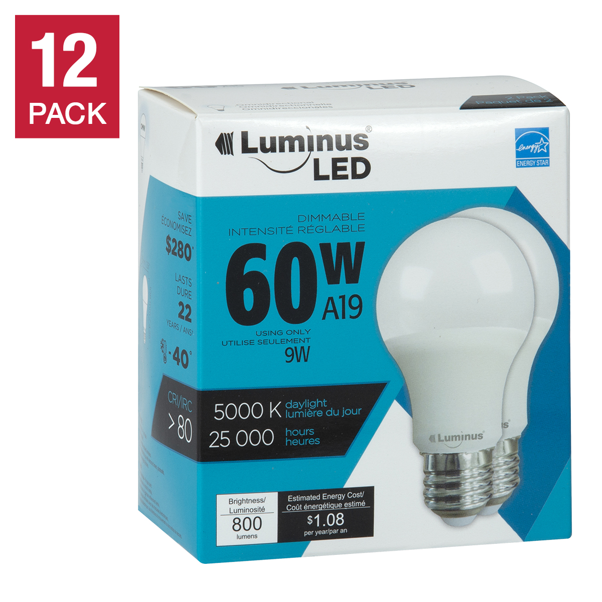 Luminus LED A19 Dimmable  Omni Bulb 60W 800 lumens 5000K, 12 pack