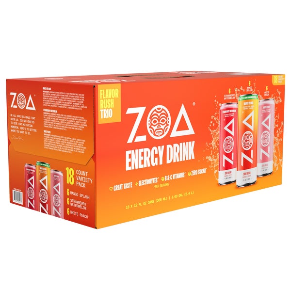 ZOA Energy Drink, Zero Sugar, Variety Pack, 12 fl oz, 18 ct ZOA Energy Drink, Zero Sugar, Variety Pack, 12 fl oz, 18 ct