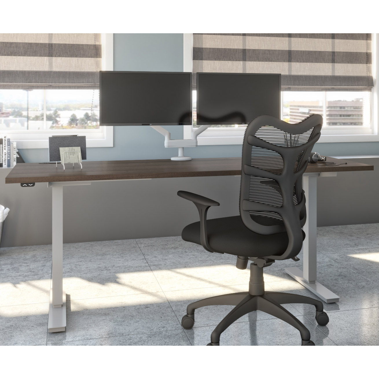 Bestar Upstand 76.2 cm × 182.9 cm (30 in. × 72 in.) Height-adjustable Desk with Dual Monitor Arm