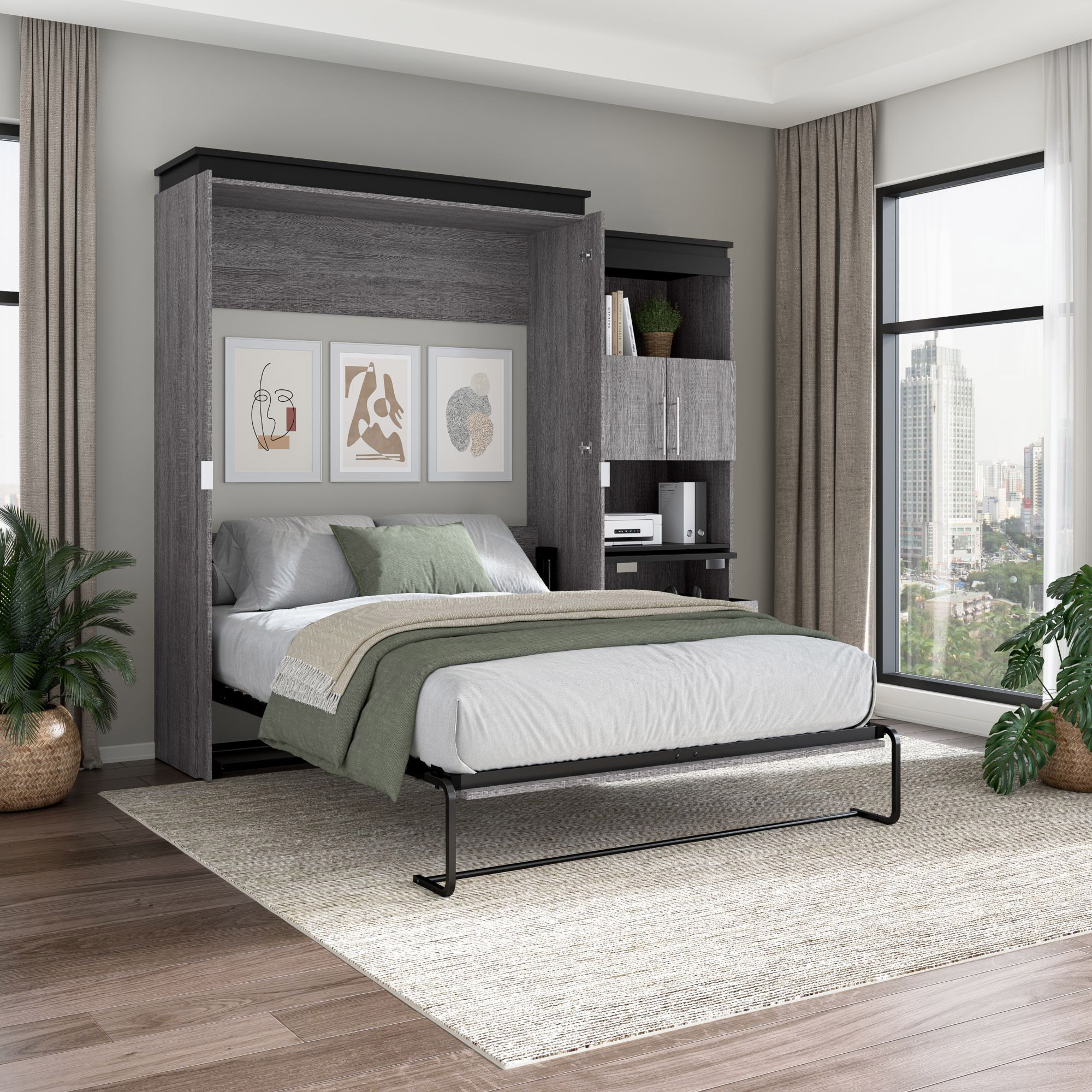 Bestar Orion 2-piece Queen Wall Bed with Storage Cabinet and Fold-Out Desk