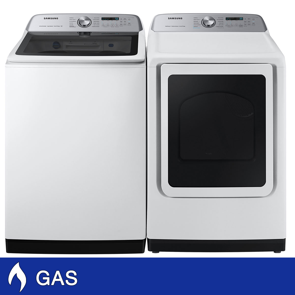 Samsung 5.2 cu. ft. Large Capacity Smart Top Load Washer with Super Speed Wash and 7.4 cu. ft. Smart GAS Dryer with Steam Sanitize