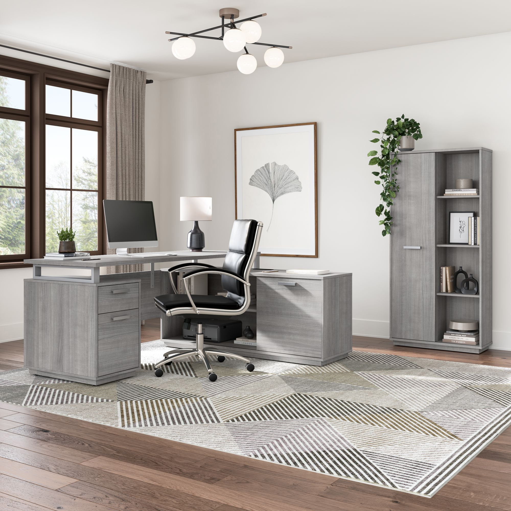Bestar Panorama Computer Desk with Low Storage Credenza and Bookcase
