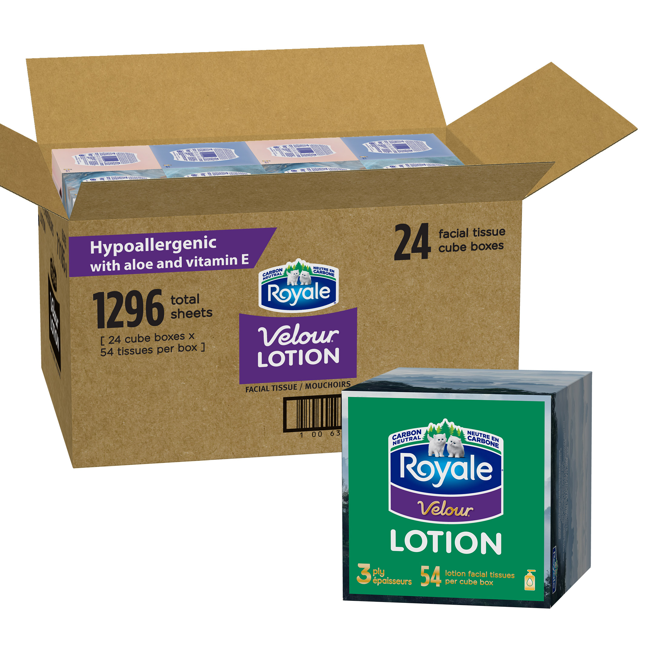 Royale Velour Lotion Facial Tissues, 24 Cube Boxes, 54 Sheets Per Box 