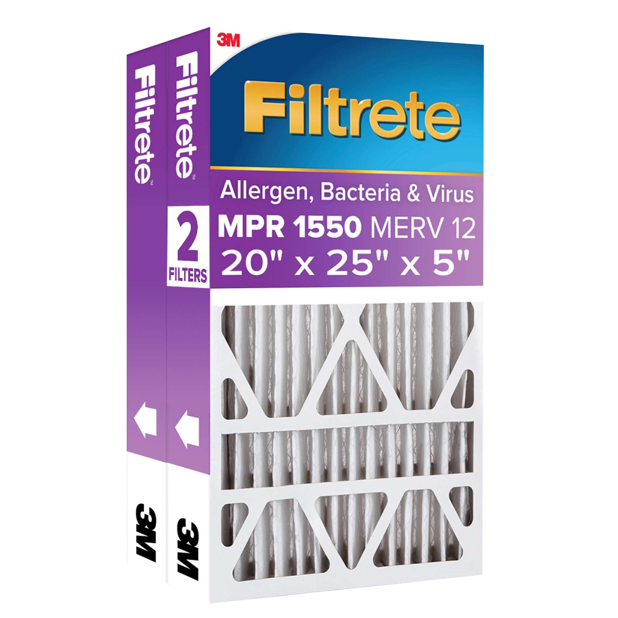 Filtrete Air Filter 5”  MPR 1550 MERV 12  Ultra Allergen  Bacteria  and Virus Deep Pleat Filter  2-pack