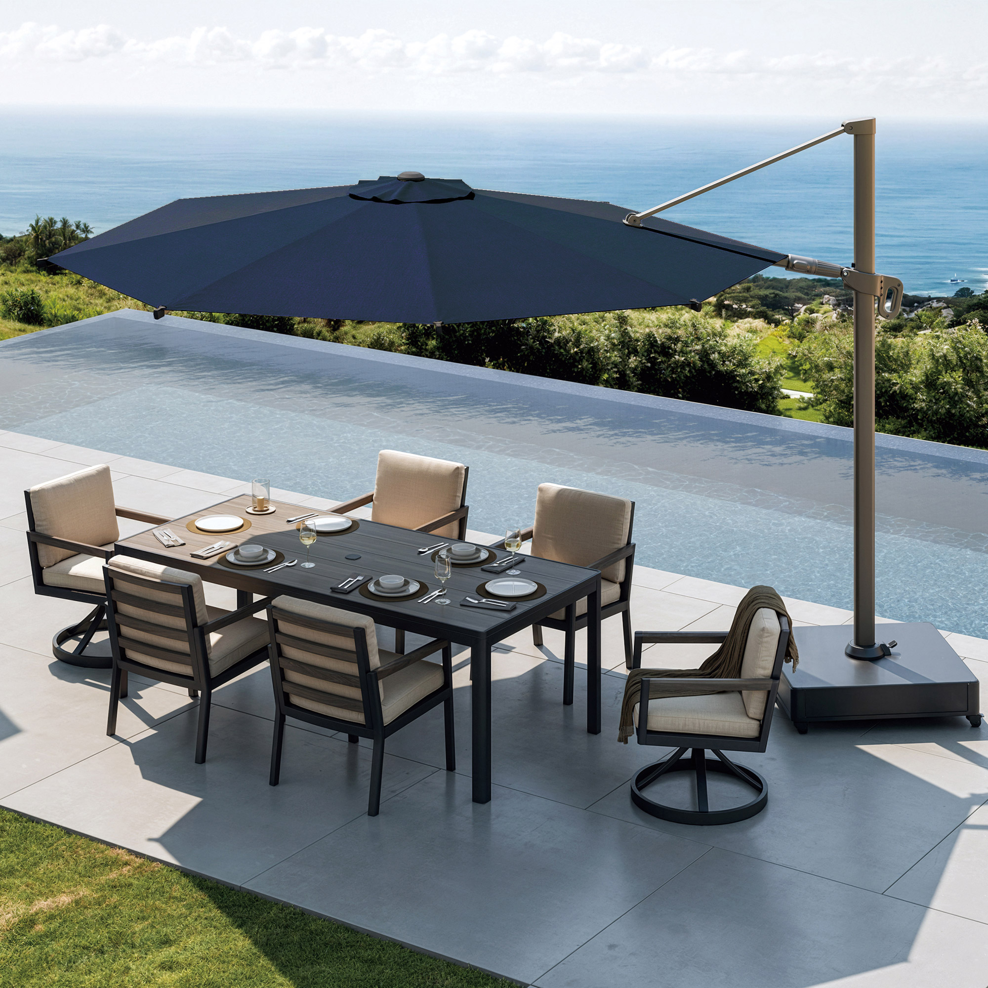 costco big patio umbrella Mirador 11.4' Cantilever Umbrella with Rolling Base