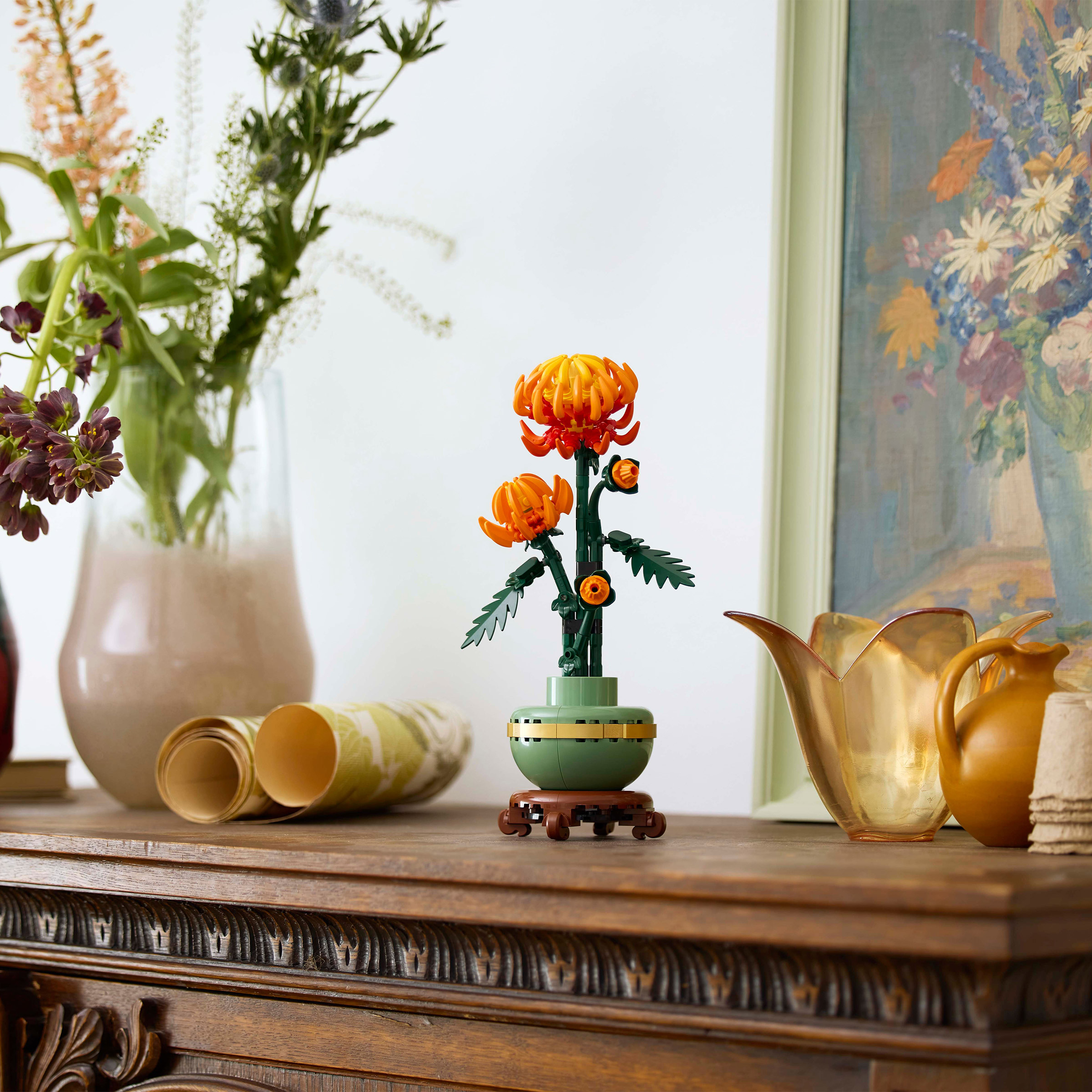 Chrysanthème Orange En Blocs De Construction – Fleur Réaliste à Assembler, Tige Modulable, Cadeau Original Dès 6 Ans