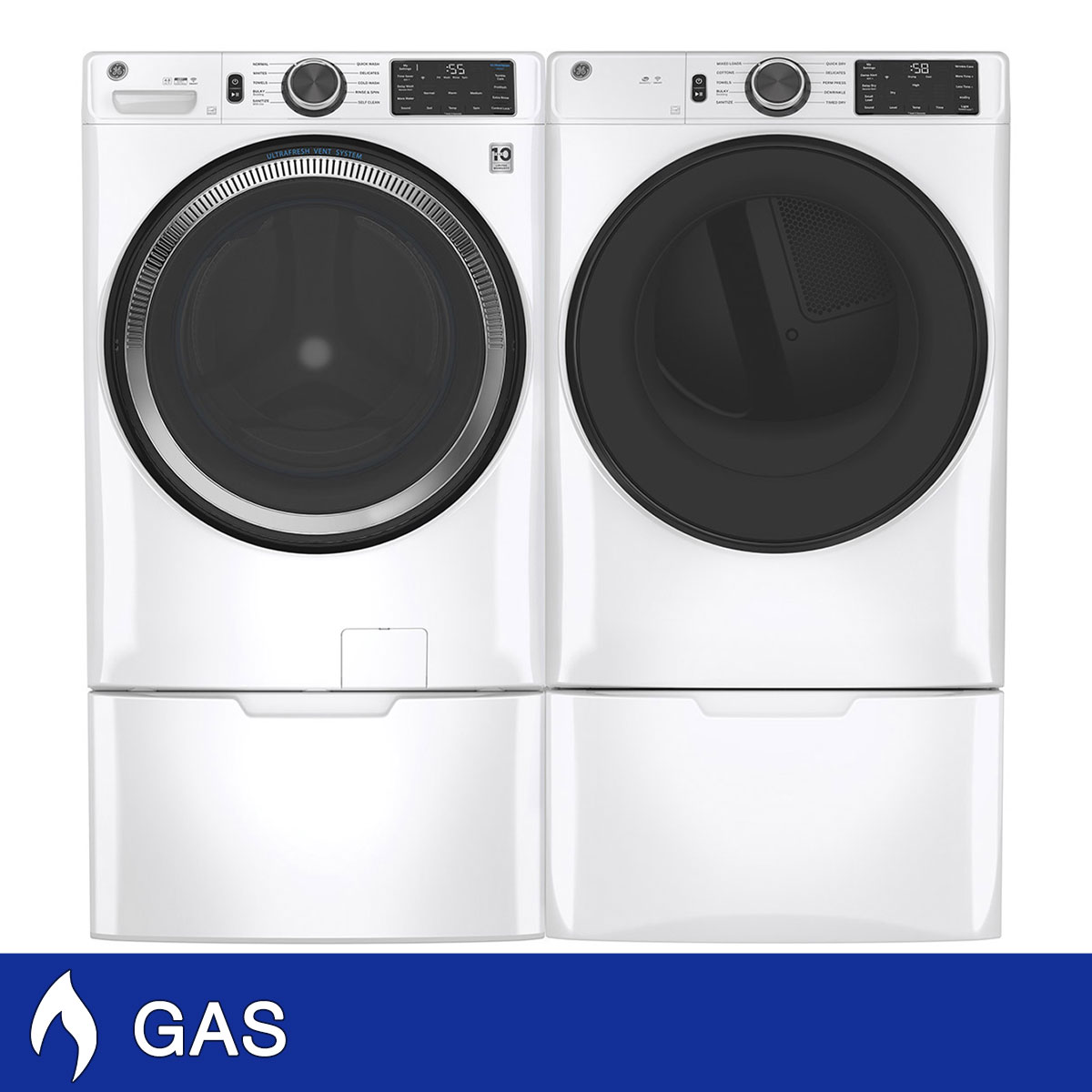 GE 4.8 cu. ft. Washer with Microban and 7.8 cu. ft. GAS Laundry Package with Storage Pedestals