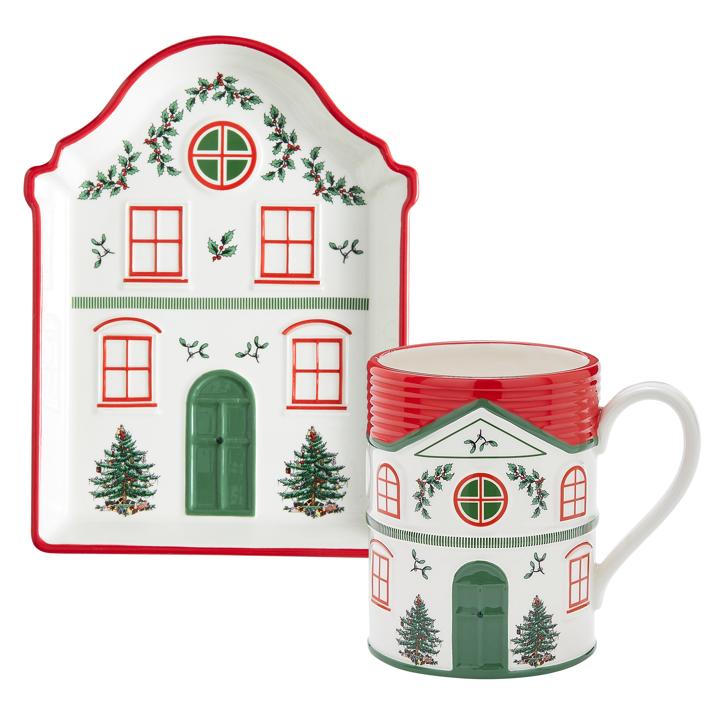 Spode Christmas Tree Collection, Christmas Village Mug & Tidbit Tray Set, 4-piece
