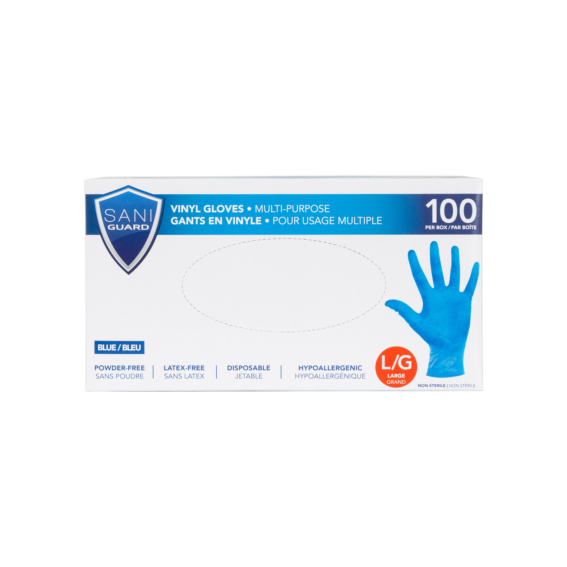 Sani Guard Blue Vinyl Gloves, Large, 10-pack of 100