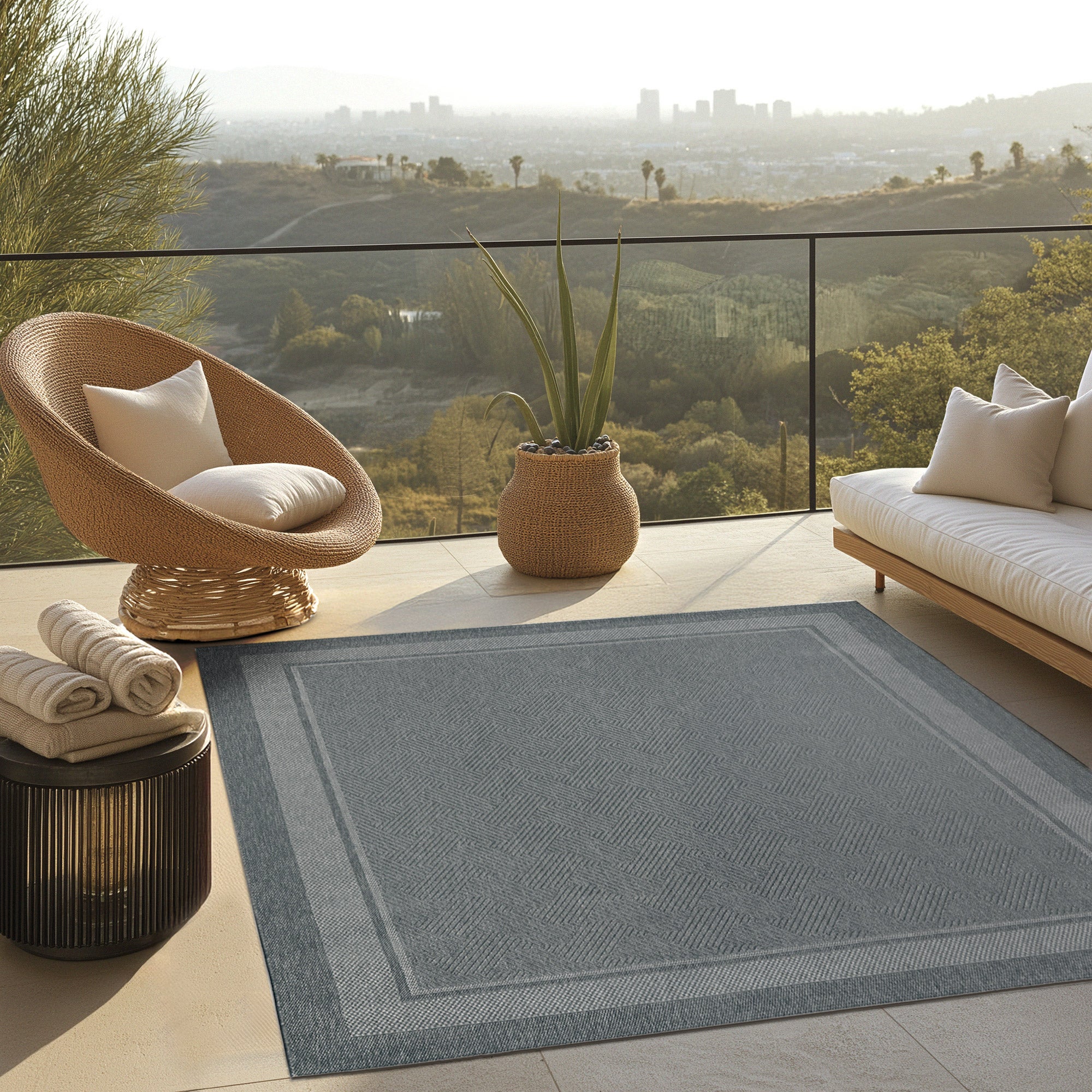Ravenna Indoor/Outdoor Rug, Geo Border Silver | Costco