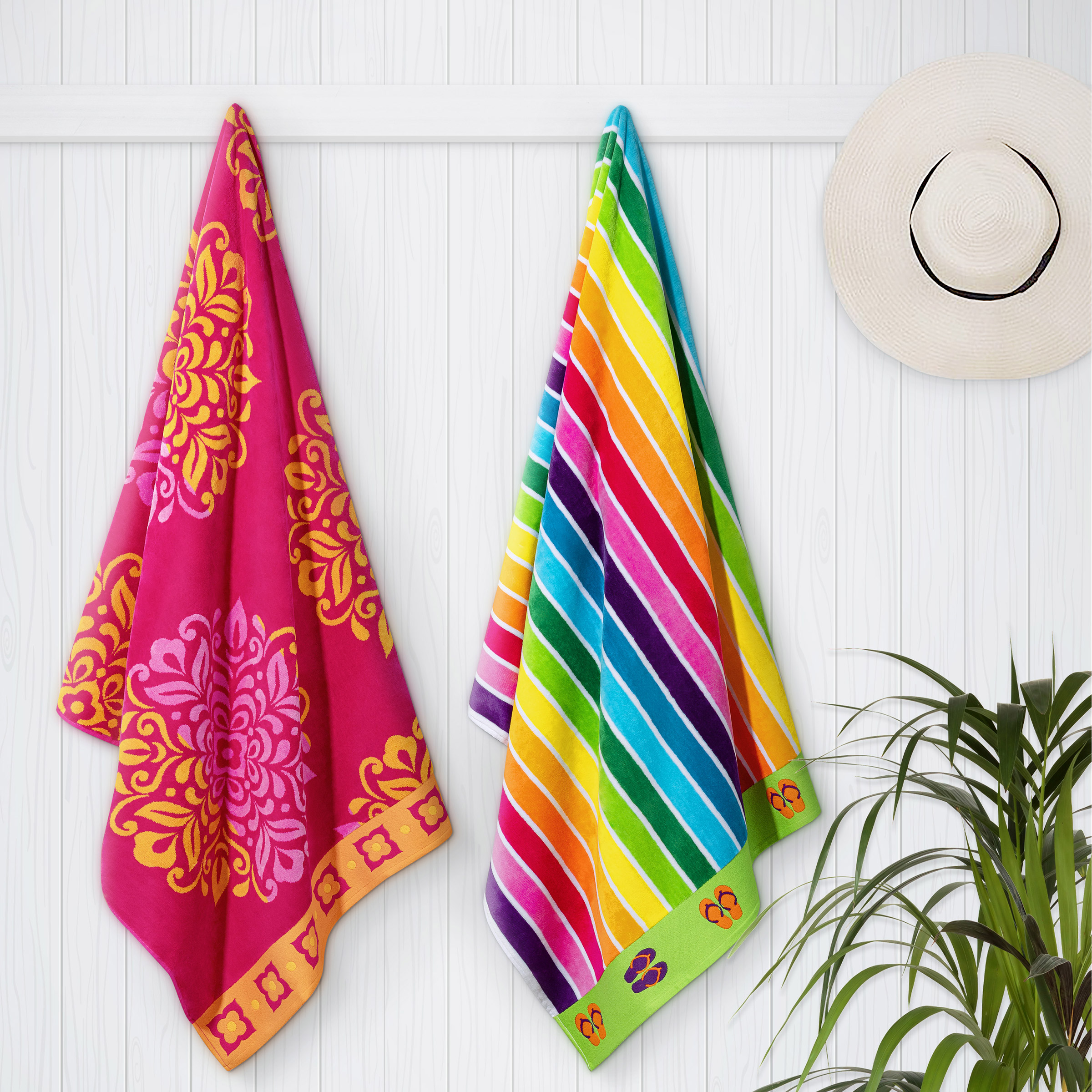 Medallions & Wavy Mulit-Colour Stripes Jacquard Beach Towel 2-pack