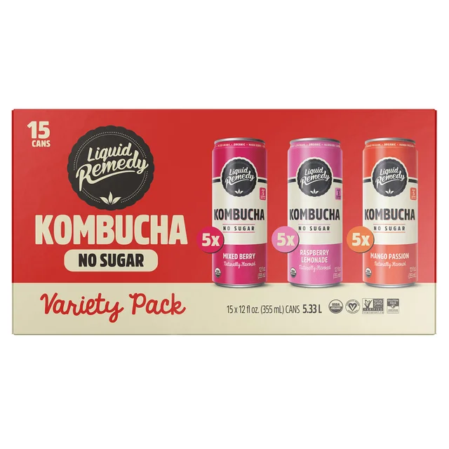 ORGANIC LIQUID REMEDY KOMBUCHA VARIETY 15 PACK 12 OUNCES EACH