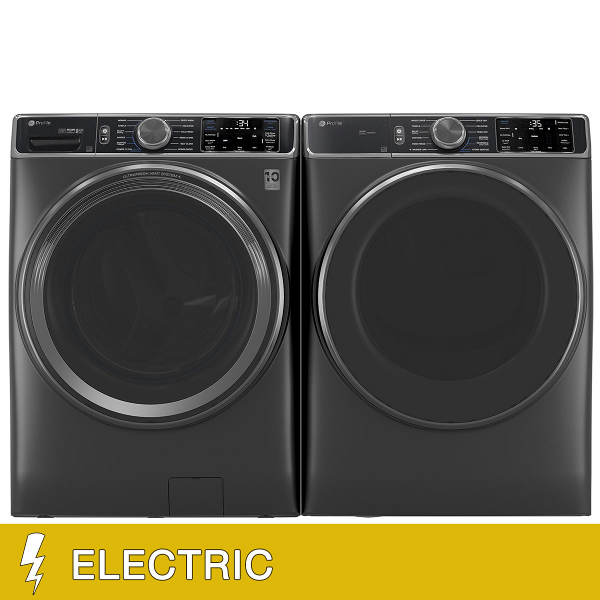 GE Profile 5.5 cu. ft. Smart Front Load Washer with UltraFresh Vent System+ and 7.8 cu. ft. Smart ELECTRIC Front Load Dryer with Steam and Sanitize Cycle 