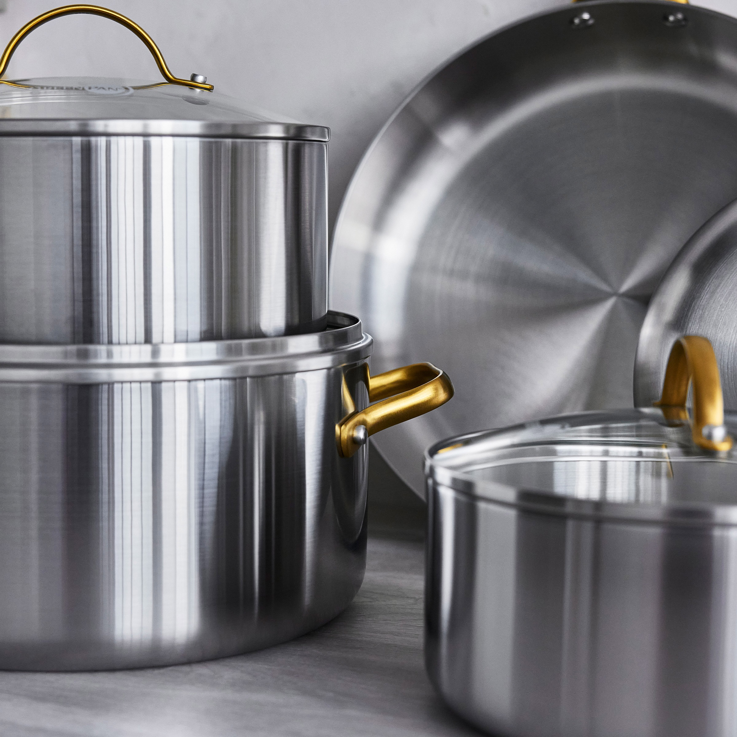 GreenPan Reserve Stainless Steel Cookware Set, Gold Handles, 12