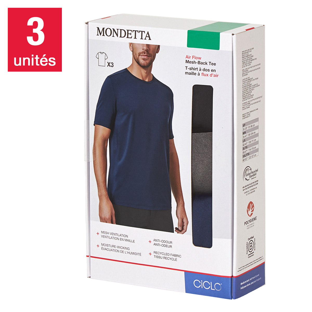 Mondetta - T-shirt à dos en maille pour homme, Paquet de 3