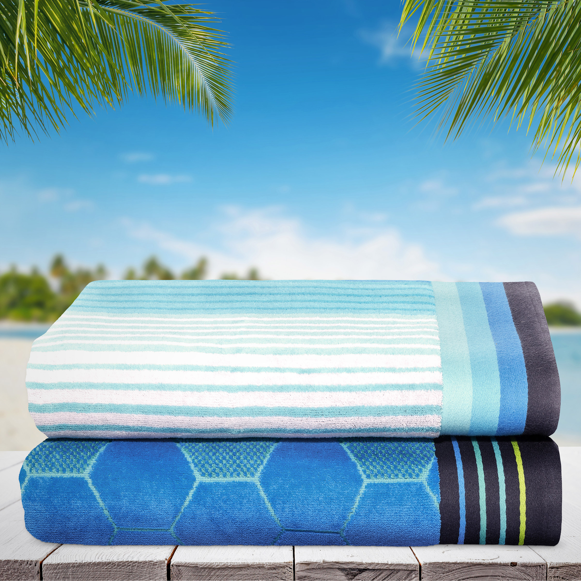 Multiple Pattern Geo & Blue Stripes Jacquard Beach Towel 2-pack | Costco