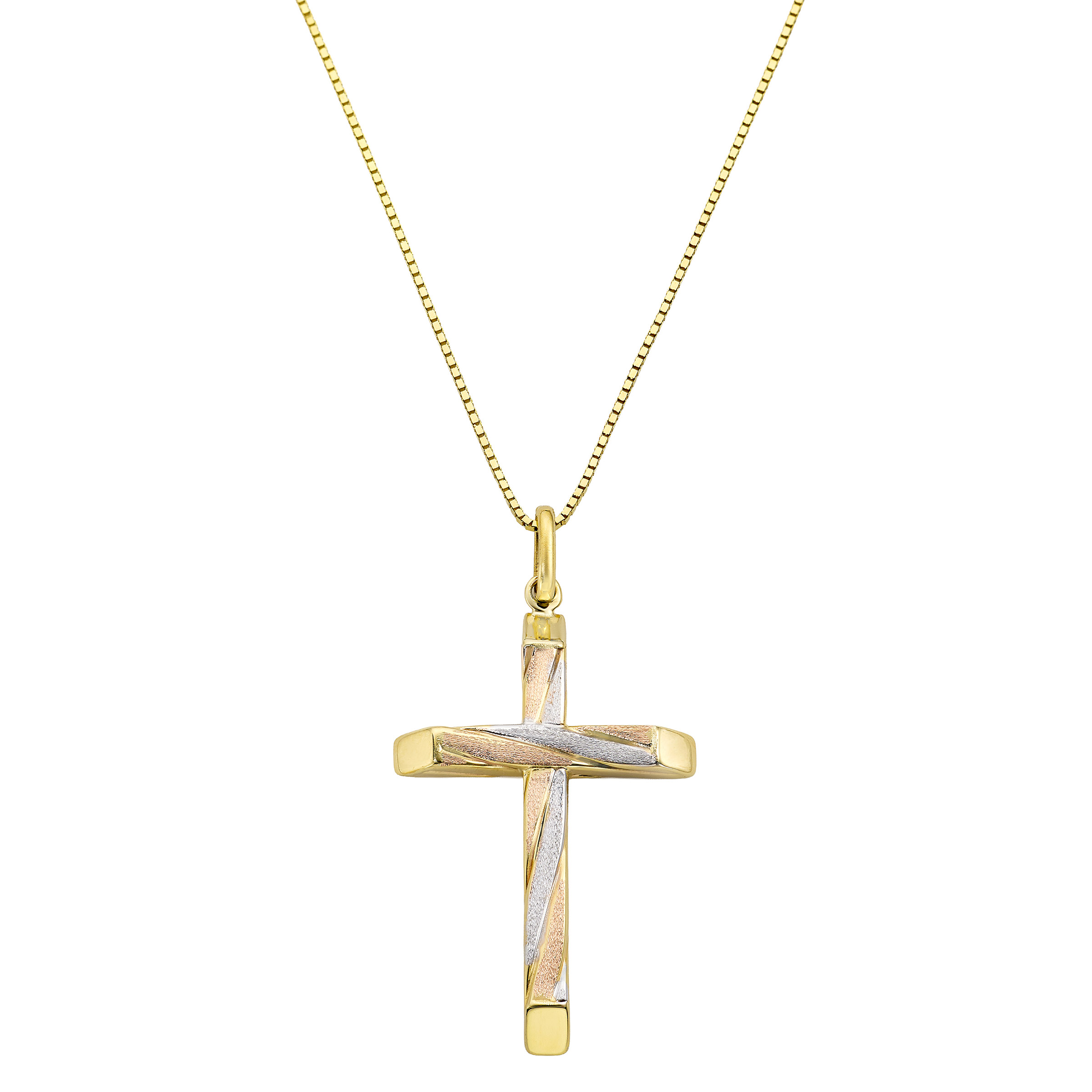 Diamond Cut Cross Pendant in Three Tone Gold