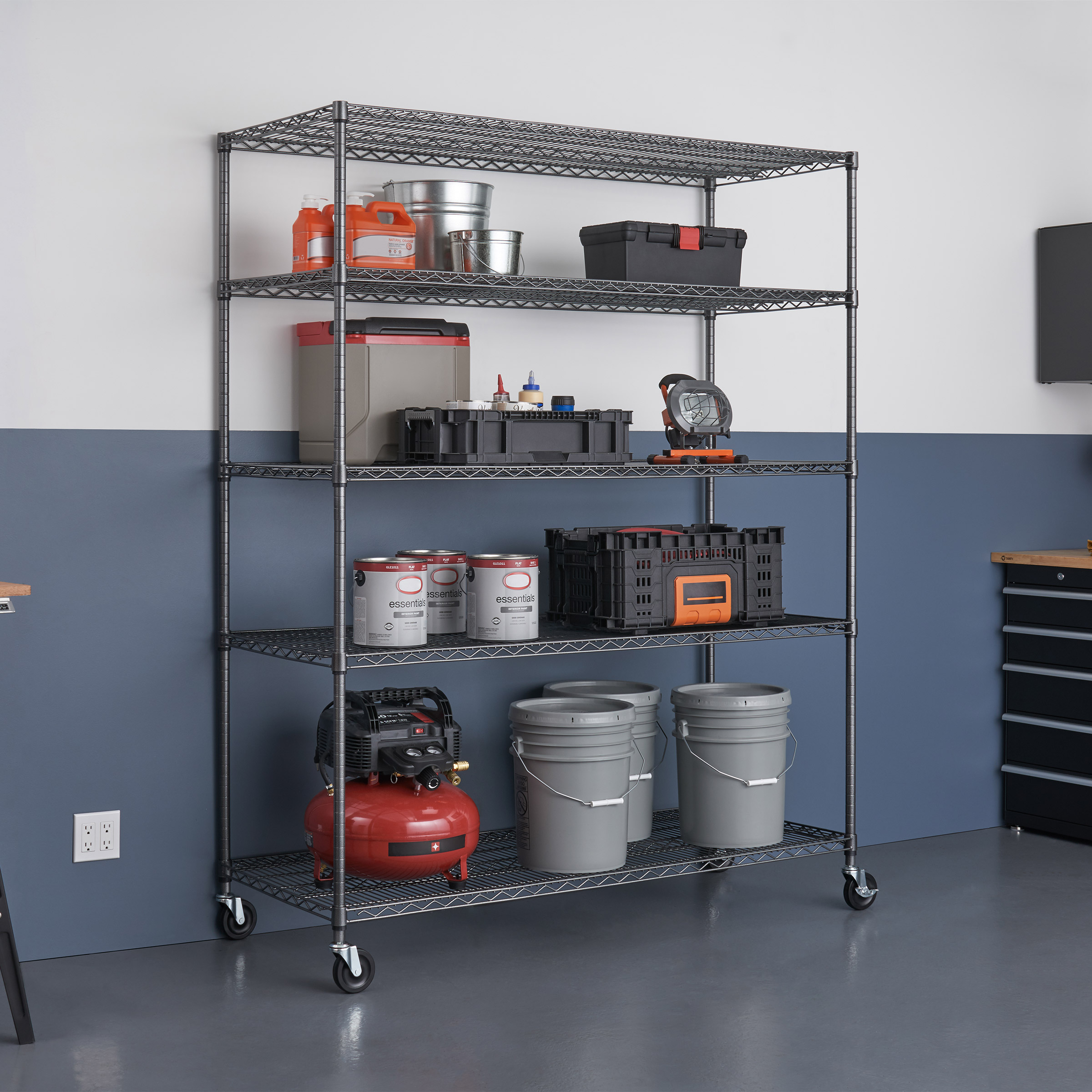 TRINITY Outdoor 5-Tier Black Anthracite Wire Shelving Rack With Wheels, 60" x 24" x 72"