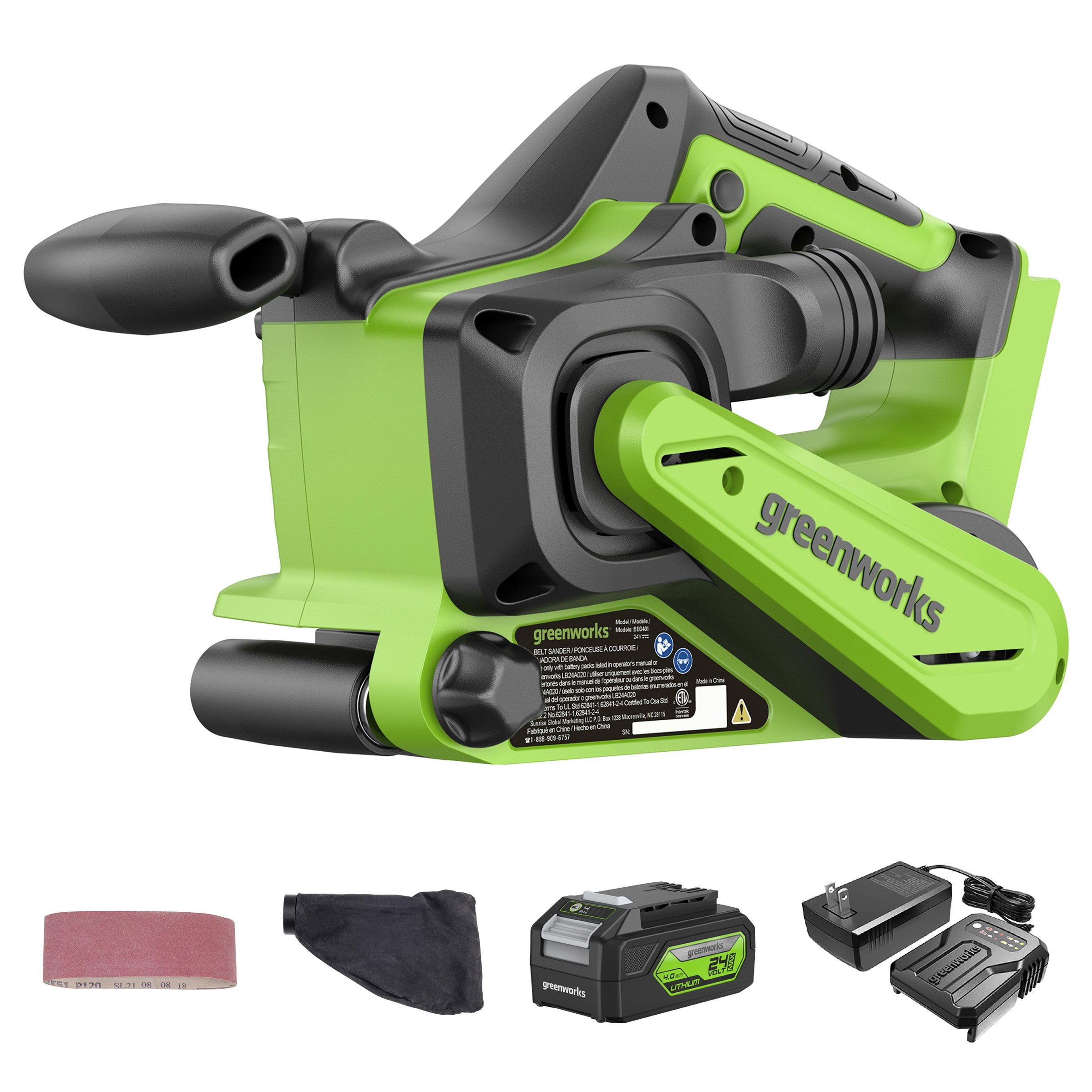 Greenworks 24V Brushless Cordless Belt Sander, Dust Bag, 4Ah