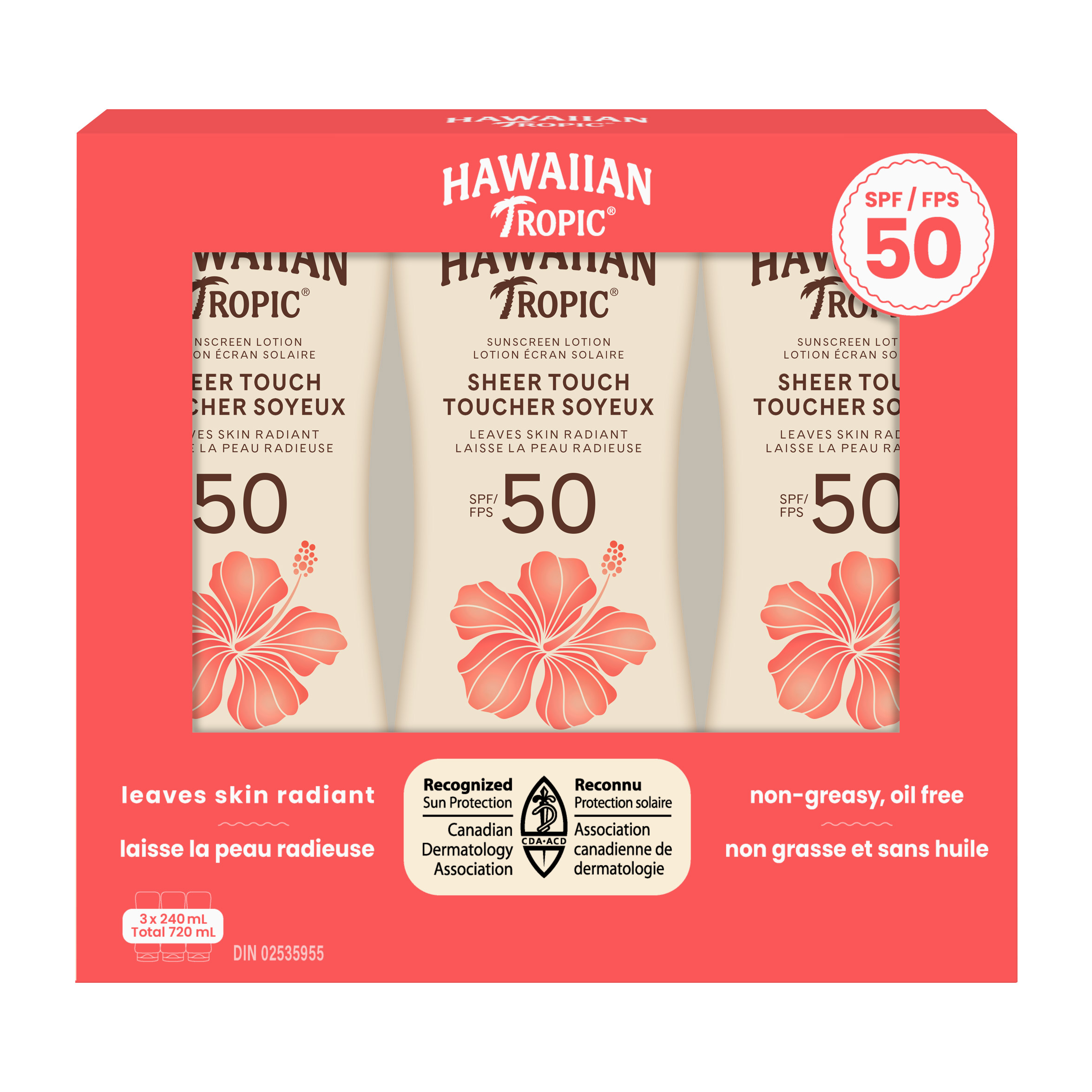 Hawaiian Tropic Sheer Touch Sunscreen Lotion SPF 50, 3 x 240 mL