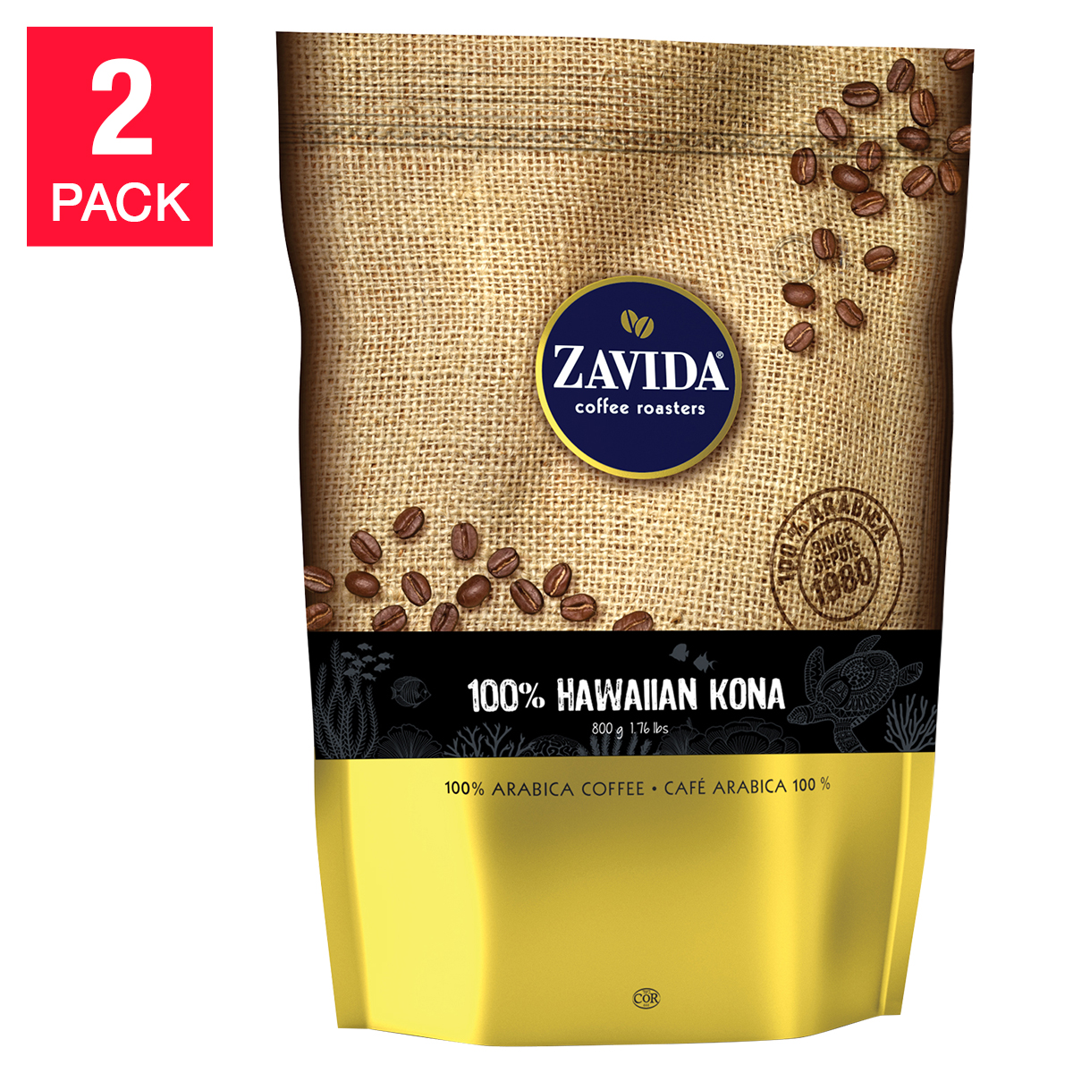Zavida 100% Kona Whole Bean Coffee, 2 x 800 g